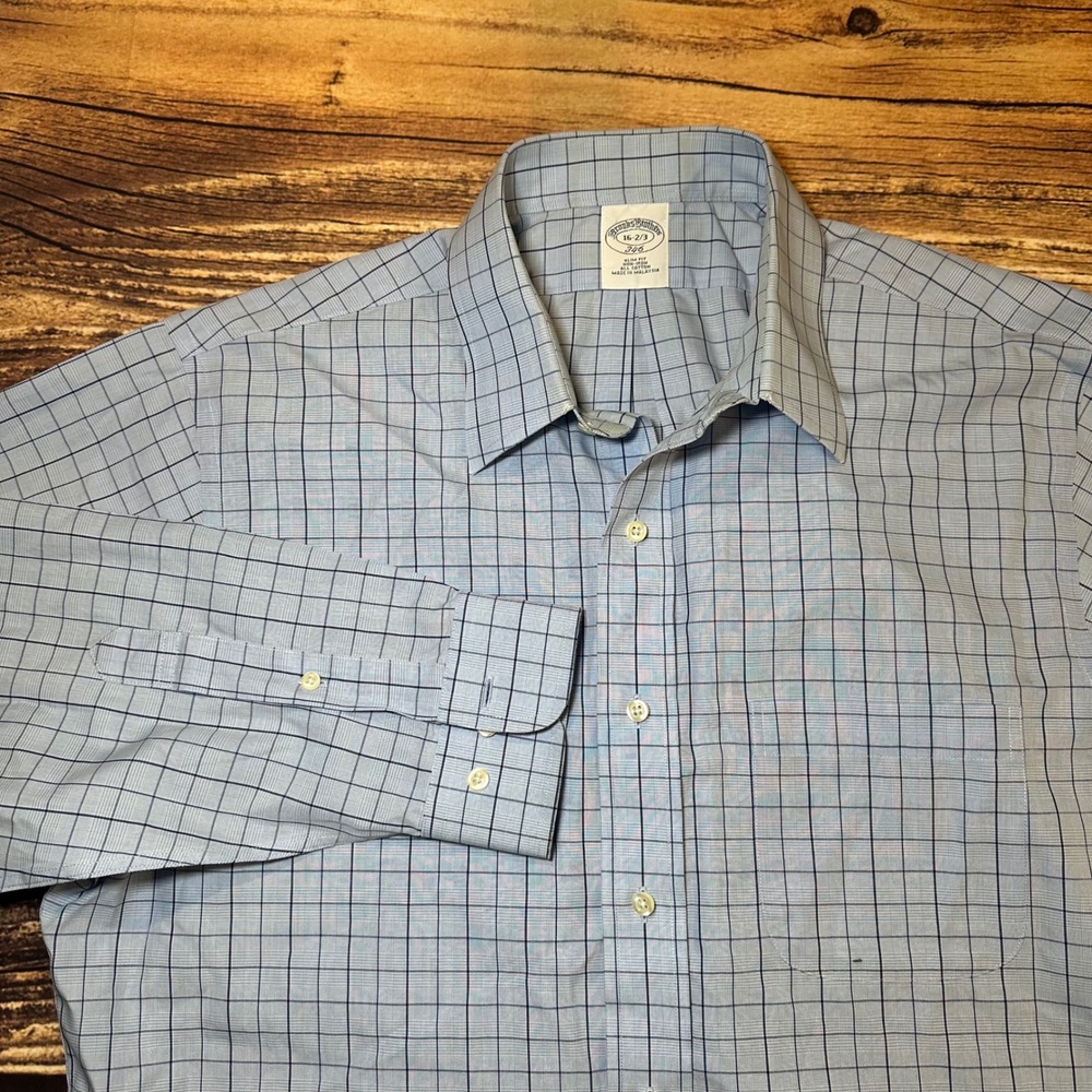 Brooks Brothers 346 Men 16 32/33 Slim Fit Non-Iron Cotton Blue Check Dress Shirt